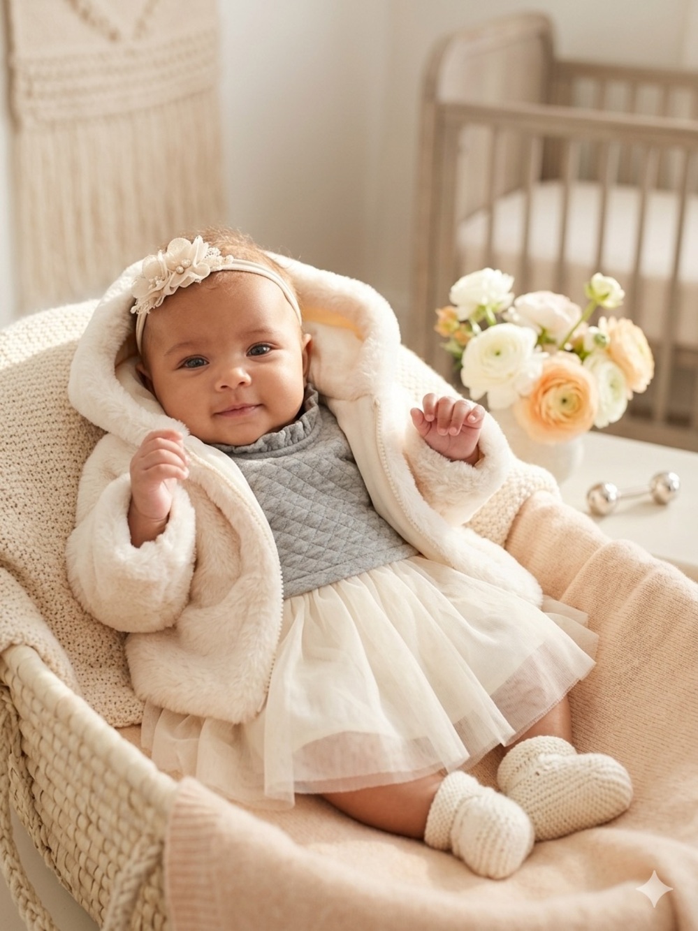 VINTAGE Y2K NWT Baby Gap Factory Faux Fur Hooded Jacket - Ivory 0-3M